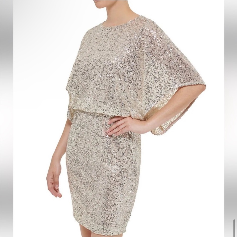 Jessica Howard, gold sequin dress, flowing sleeves.
